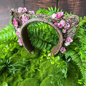 “Forest Bloom” Sculpted Cat Ears – Pink Spring Floral Fantasy Headband