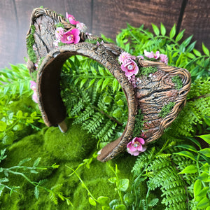 “Forest Bloom” Sculpted Cat Ears – Pink Spring Floral Fantasy Headband