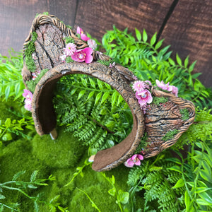 “Forest Bloom” Sculpted Cat Ears – Pink Spring Floral Fantasy Headband