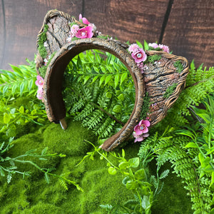 “Forest Bloom” Sculpted Cat Ears – Pink Spring Floral Fantasy Headband