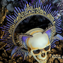 Load image into Gallery viewer, Gothic Bat Wing Cat Ear Headpiece with Halo Crown – Fantasy Cosplay Halo in Purple and Gold