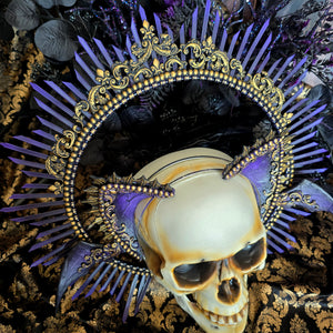 Gothic Bat Wing Cat Ear Headpiece with Halo Crown – Fantasy Cosplay Halo in Purple and Gold