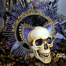 Load image into Gallery viewer, Gothic Bat Wing Cat Ear Headpiece with Halo Crown – Fantasy Cosplay Halo in Purple and Gold