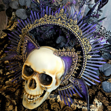 Load image into Gallery viewer, Gothic Bat Wing Cat Ear Headpiece with Halo Crown – Fantasy Cosplay Halo in Purple and Gold
